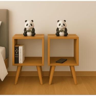 Imagem de Mesa de cabeceira quadrada com pernas vintage, 42x22 - conjunto de 2 peças com gavetas(madeirado)