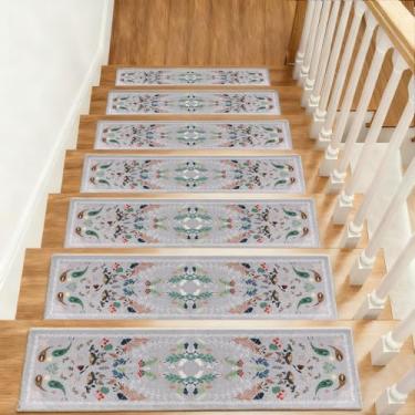 Imagem de Tapetes de escada retrô antiderrapantes para degraus de madeira, tapete de escada de 20 x 76 cm, tapete de escada de borracha termoplástica, tapete de escada macio, lavável, reutilizável, tapete de