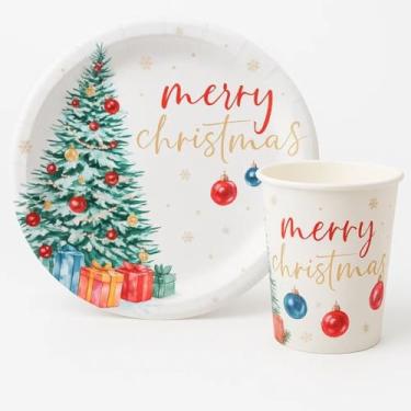 Imagem de Kit Pratos E Copos Natal Colorido Papai Noel Descartavel de Papel Decoração Premium 10~30 Pessoas pratos descartaveis para festa(NATAL3,10 PRATOS+ 10 COPOS)