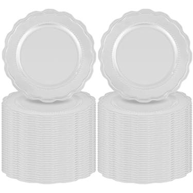 Imagem de Tomeurperf 60 peças de placas de carregamento prateadas a granel 33 cm redondas elegantes carregadores prateados para pratos de jantar, placas de carregamento decorativas para eventos de festas de