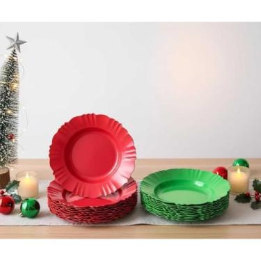 Imagem de Um conjunto de até 50 pratos de plástico resistentes nas cores verde e vermelho, adequados para festas, aniversários, celebrações de Natal prato descartavel festa(20 (10 verdes + 10 vermelhos))