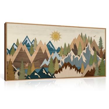 Imagem de FWIEXA Arte de parede em tela estilo xilogravura de montanha grande, decoração de parede de pinheiro nascer do sol, pintura animal da floresta, paisagem de lago selvagem, paisagem de lago, 50 x 101 cm