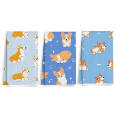 Imagem de XFN 3 peças de toalhas de cozinha fofas Corgi, pano de prato de microfibra absorvente decorativo de cachorro de desenho animado, toalha de chá, toalhas de mão macias de waffle para casa de fazenda