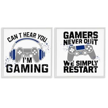 Imagem de Stupell Industries Conjunto de arte giclée emoldurado branco com frases de cultura gamer, design de Kim Allen, 61 x 61 cm