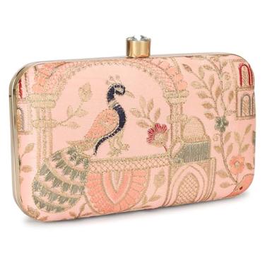 Imagem de LONGING TO BUY Embrodiery Peacock Embrodiery Vintage Evening Box Clutch, bolsa bordada floral de cetim rosa com moldura dourada, fecho de cristal e corrente removível