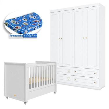 Imagem de Berço Tutto New E Guarda Roupa Infantil Americano 4 Portas Branco Fosco Com Colchão Ortobom - Matic
