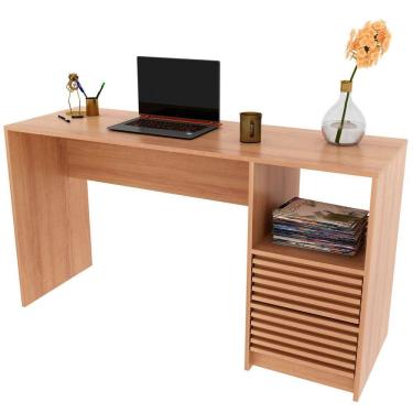 Imagem de Escrivaninha Mesa De Escritório 2 Gavetas Ripado Amêndoa