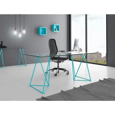 Imagem de Escrivaninha De Vidro Bela Vista Cavalete Base Ferro Azul Turquesa - Preto