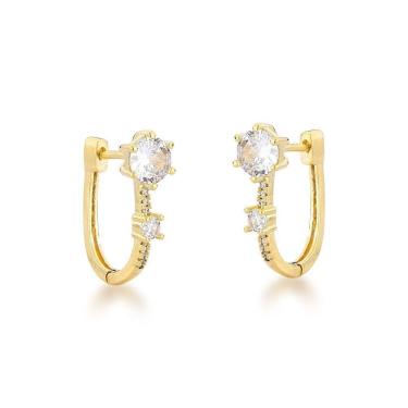 Imagem de Brinco Argola Com Ponto De Luz Quadrado E Redondo Banhado A Ouro 18k