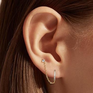 Imagem de Brincos de corrente banhados a ouro 14K para mulheres com zircônia cúbica, brincos de argola e argola para cartilagem, presentes, standard, Cobre, Sem pedra preciosa