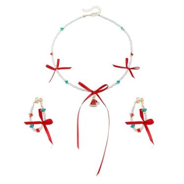 Imagem de Dtja Conjunto de 2 peças de joias de laço de fita vermelha de Natal para mulheres brincos de argola com contas verdes pingente gargantilha colar moda laço chapéu de Papai Noel festival de Natal