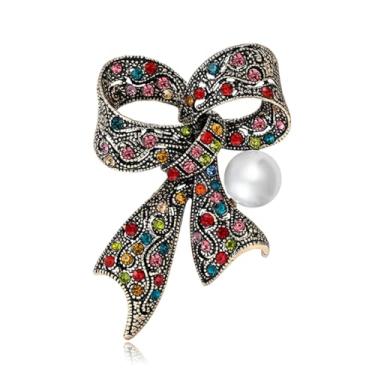 Imagem de RLHRNDE Broche de laço de strass para mulheres vintage brilhante grande laço pérola lapela broche elegante cristal laço corpete para vestido, terno, camisa, acessórios de roupas, casamento
