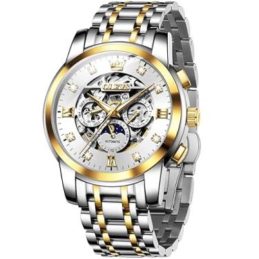 Imagem de Relógio masculino automático de esqueleto de luxo com diamantes, mecânico, de aço inoxidável, à prova d'água, fase da lua e luminoso, Prata e azul