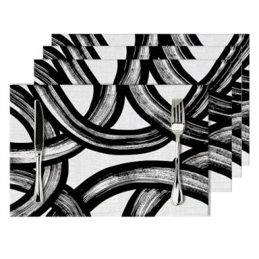 Imagem de Conjunto de 4 jogos americanos de linho com estampa curva preta e branca, lavável, antiderrapante, resistente ao calor, arte abstrata, decoração de cozinha para cozinha, mesa de jantar, casa de