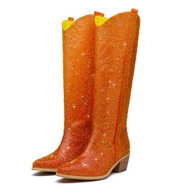 Imagem de RKQ Botas femininas estilo caubói com strass brilhante, bico fino, salto médio, cano alto, zíper e abas para festa de meninas, encontros, sapatos de cowgirl, Laranja, 37