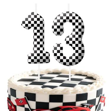 Imagem de Velas de aniversário número 13 de carros de corrida, preto e branco, com tema de bandeira quadriculada para meninos e meninas, decorações de bolo para aniversários, suprimentos de festa com tema de