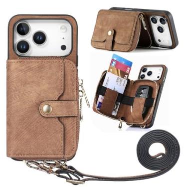 Imagem de Carteira funcional com zíper e porta-cartões, capa de couro para iPhone 17 Pro Max, 16 Plus, 15, 14, 13, 12, 11, 17air, bolsa com cordão, marrom, para iPhone 16e