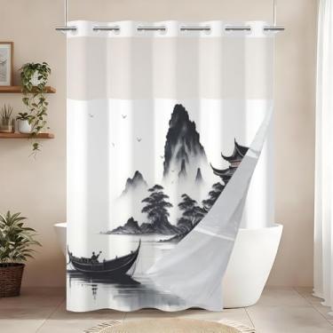 Imagem de Conjunto de cortina de chuveiro e forro sem ganchos, pintura de tinta chinesa, cortinas de chuveiro para decoração de banheiro, cortina de banho Mountain Lake, camada dupla, lavável na máquina, tecido
