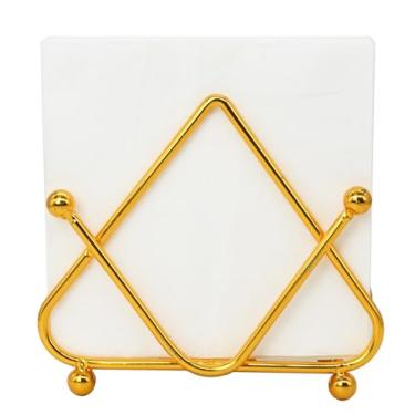 Imagem de Porta-guardanapos de metal dourado – Organizador de lenços de mesa galvanizado elegante com pés esféricos, suporte de papel decorativo moderno para cozinha, mesa de jantar ou mesa de escritório