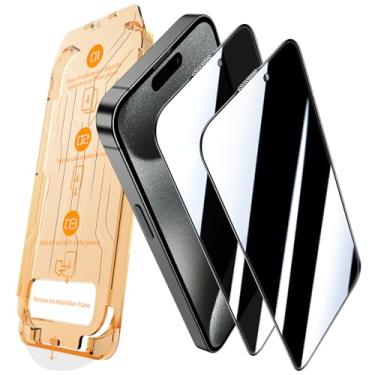 Imagem de JEHOO Pacote com 2 [Kit de alinhamento automático] Protetor de tela de privacidade para iPhone 15 Pro, vidro temperado, remoção automática de poeira anti-espião de 28°, antiarranhões, anti-impressão