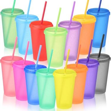 Imagem de Honeydak Pacote com 15 copos de plástico de 680 g com tampas e canudos, copos de café gelado reutilizáveis a granel, caneca de viagem para festas, adultos, aniversários, casamentos (cor mista)