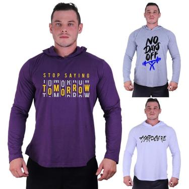 Imagem de Kit 3 Camisetas Manga Longa com Touca Longline Estampada Treino Academia Lazer Casual-Masculino