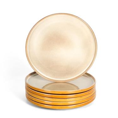 Imagem de vicrays Conjunto de pratos de jantar de cerâmica – Prato plano de porcelana para bife de 25,4 cm, prato de pizza, festa, restaurante, resistente a arranhões, forno de micro-ondas e lava-louças