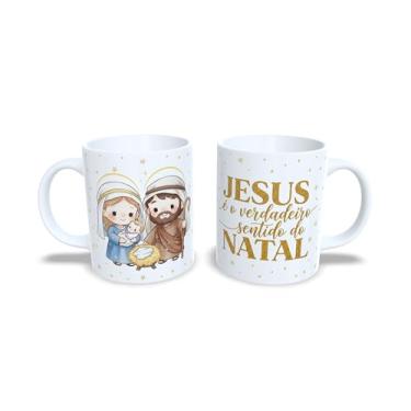 Imagem de Caneca de Cerâmica Branca 325ml, Tema Natal Sagrada Família, com Estrelas Douradas e Presépio (23172)