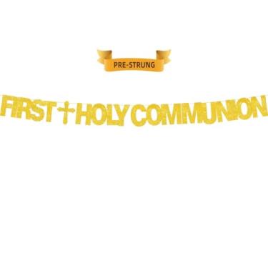 Imagem de Faixa FIRST HOLY COMMUNION, pré-amarrada, decorações de bandeira dourada com glitter God Bless, fundo de 1º aniversário de chá de bebê, suprimentos de festa de batizado religioso, sinal de bautizo