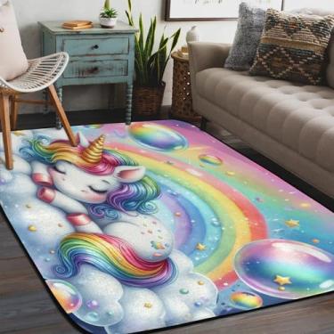 Imagem de Tapete de área para sala de estar, lavável à máquina, adorável unicórnio, arco-íris, tapete antiderrapante, tapete macio para sala de estar, quarto, sala de jantar, berçário, cozinha, decoração de
