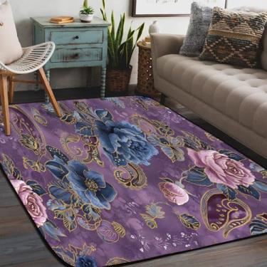 Imagem de Tapete de área para sala de estar, lavável à máquina, flor rosa, retrô, roxo, antiderrapante, tapete macio, para sala de estar, quarto, sala de jantar, berçário, cozinha, decoração de casa