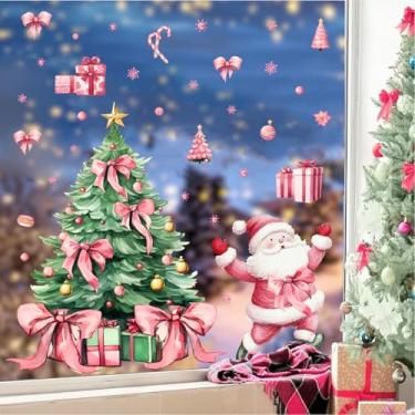 Imagem de Decalques de janela de decoração de Natal laço rosa árvore de Natal adesivos para janela decoração interna removível Papai Noel adesivo de vidro de floco de neve dupla face para suprimento de sala de