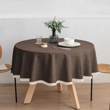 Imagem de Wuluwala Toalha de mesa redonda de tecido de cor sólida de 160 cm, toalha de mesa de linho de algodão com acabamento em renda, resistente a manchas, capa de mesa de jantar à prova d'água para cozinha