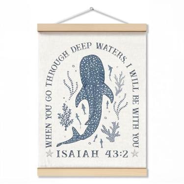 Imagem de ZNGFON Decoração de parede cristã de tubarão-baleia na moda 30,5 x 40,6 cm, When You Go Through Deep Waters I Will Be With You Isaías 43:2, pôster de arte de parede com moldura de madeira, verso azul