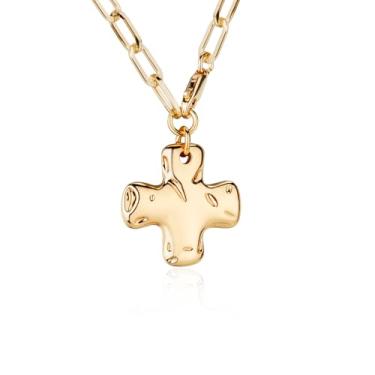 Imagem de SKIMEMRY Colar feminino com cruz grossa de ouro, banhado a ouro, gargantilha de latão para mulheres, colar de papel para presente feminino, Standard, Metal, Sem Pedra Preciosa