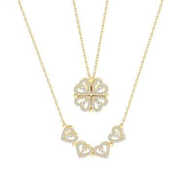 Imagem de IHOIU Colar de coração feminino, lindo Lucky, colar delicado de trevo de quatro folhas, duas maneiras de usar, adequado para mulheres, joias de Natal, 47 cm, banhado a ouro, zircônia cúbica,, Banhado