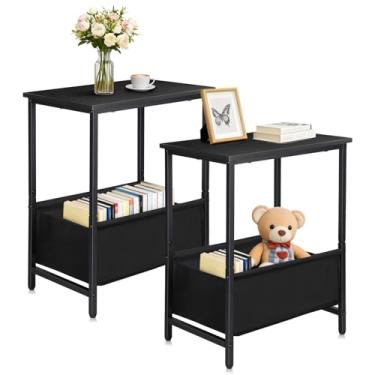 Imagem de NovaNoka Conjunto de 2 mesas laterais de 2 andares com cesta de armazenamento de tecido, mesas de cabeceira para sala de estar, quarto, escritório e espaços pequenos, preto