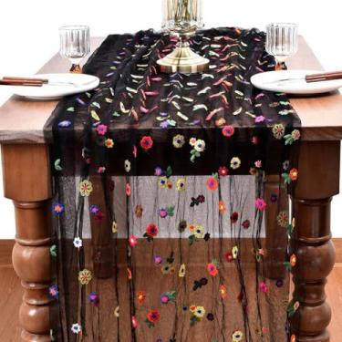 Imagem de CREATCABIN Margarida caminho de mesa bordado preto poliéster floral gaze tule sazonal outono cozinha decoração toalha de mesa para festas de casamento em casa 3 m x 72 cm