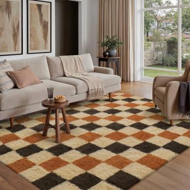 Imagem de PureCozy Tapete xadrez 12 x 20 cm para sala de estar, tapete felpudo moderno colorido super macio, lavável, tapete felpudo antiderrapante para quarto, casa, decoração estética