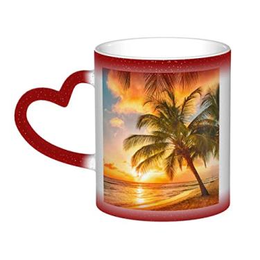 Imagem de Tropical Beach Palm Tree Divertido Xícara de Café Pôr do Sol Xícara de Cerâmica Mágica Sensível ao Calor 12 Oz, Para Café/Chá/Leite/Cacau, Para Adolescente/Aniversário/Festival/Presentes