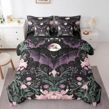 Imagem de Jogo de cama casal e edredom de morcego preto, boêmio, vintage, estrela, lua, 7 peças, gótico, assustador, floral, folhas, cama em uma bolsa, decoração de estilo boêmio exótico, estética