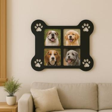 Imagem de Porta Retrato de Parede em Formato de Ossinho para Cachorro, 4 Fotos 10x15cm, MDF Preto com Patinhas Decorativas, 45x45cm, Decoração Pet
