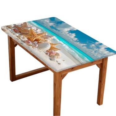 Imagem de Toalha de mesa retangular ajustada com borda elástica para 1,2 m, verão, oceano, praia, estrela-do-mar, toalha de mesa lavável à prova de vento, à prova d'água, lavável para jantar, acampamento, festa