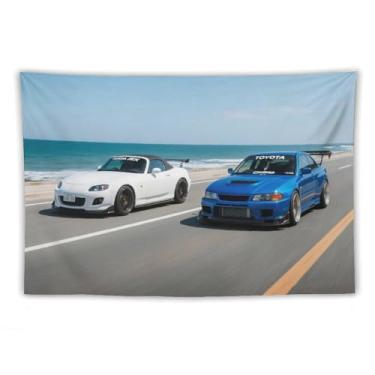 Imagem de HouLaiZhe JDM Tapeçaria de carro Mx5 Vs R34 Seaside Road Racing Jdm pendurado na parede quarto decoração de casa tapeçarias estética piquenique decoração de parede arte de parede para dormitório sala