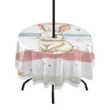 Imagem de CEBUGI Toalha de mesa redonda para uso ao ar livre, coelho da Páscoa, impermeável, com furo Umberlla, capa de mesa lavável para pátio, cozinha, sala de jantar, 152 cm