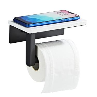 Imagem de Suporte de papel higiênico preto fosco com prateleira, parafuso de aço inoxidável 304 montado na parede, suporte de rolo de papel de mármore com armazenamento