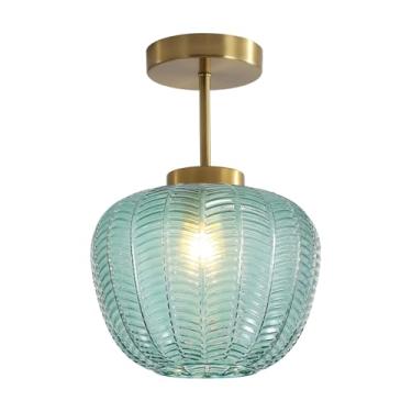 Imagem de Luminária de teto semi-embutida verde - Globo de vidro dourado escovado, estilo moderno de meados do século XX, ideal para cozinhas.