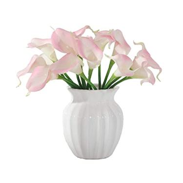 Imagem de LMJYU Flores artificiais, ramo de flores artificiais de lírio de calla, arranjo de flores falsas com vaso de cerâmica