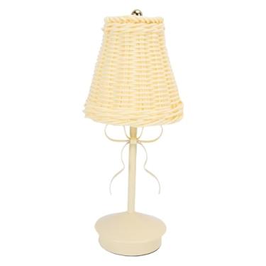 Imagem de Diydeg Abajur de mesa de cabeceira vintage em rattan, sem fio, recarregável, pequeno, com laço, 3 níveis de intensidade, para mesa de cabeceira, sala de estar, quarto infantil. (WHITE)