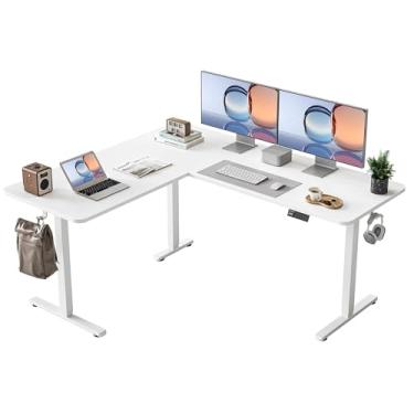 Imagem de YIHAYO Mesa de pé em forma de L, altura ajustável, mesa de canto elétrica de 150 x 139 cm com placa de emenda, mesa de computador para escritório em casa, branca